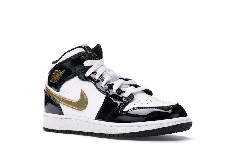 Jordan 1 Mid Patent Black White Gold (GS)