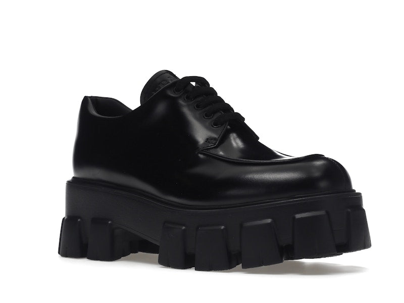Prada Monolith 55mm Lace Up Loafer Black Brushed Leather