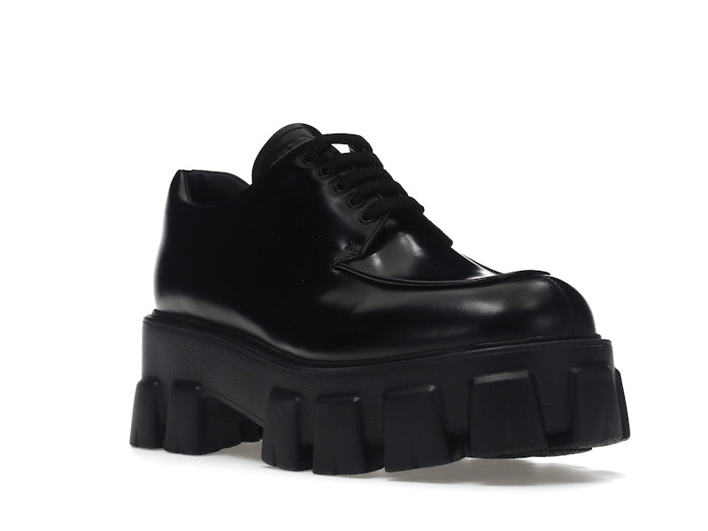 Prada Monolith 55mm Lace Up Loafer Black Brushed Leather