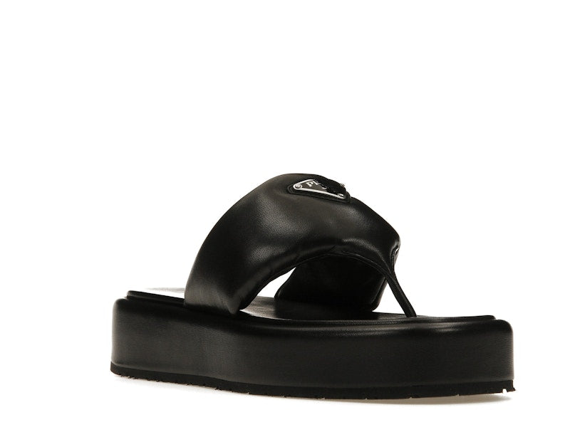 Prada Soft Padded 35mm Thong Wedge Sandals Black Nappa Leather