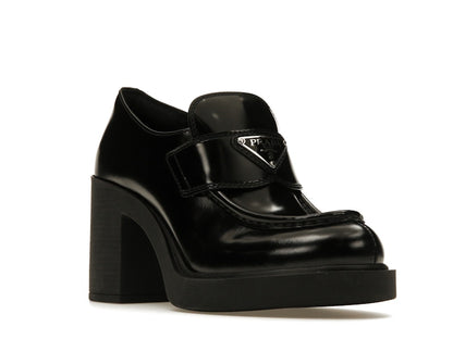 Prada Chocolate High-Heeled 85mm Loafers Black Brushed Leather