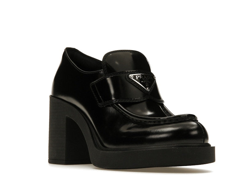 Prada Chocolate High-Heeled 85mm Loafers Black Brushed Leather