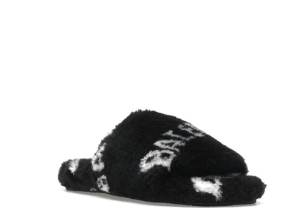 Balenciaga Furry Slide Fake Fur Logo Allover Black White