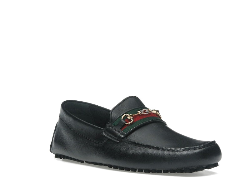 Gucci Ayrton Webbing-Trimmed Horsebit Leather Driver Loafers Black