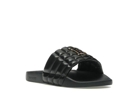 Burberry Monogram Motif Quilted Lambskin Slides Black Gold-tone