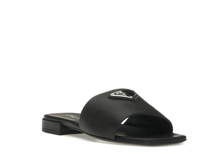 Prada Logo Slide Sandals Black Saffiano Leather