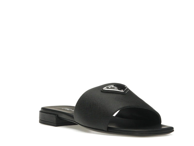 Prada Logo Slide Sandals Black Saffiano Leather