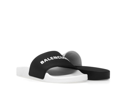 Balenciaga Pool Slides Logo White Black Alternate