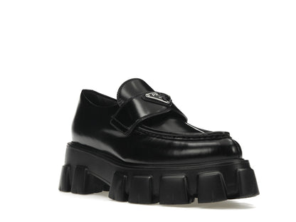 Prada Monolith 55mm Pointy Loafer Black Brushed Leather