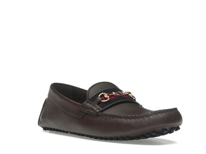 Gucci Ayrton Webbing-Trimmed Horsebit Leather Driver Loafers Brown