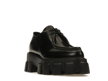 Prada Monolith 55mm Pointy Lace Up Loafer Black Brushed Leather