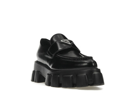 Prada Monolith 55mm Pointy Loafer Black Brushed Leather