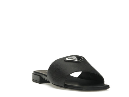 Prada Logo Slide Sandals Black Saffiano Leather