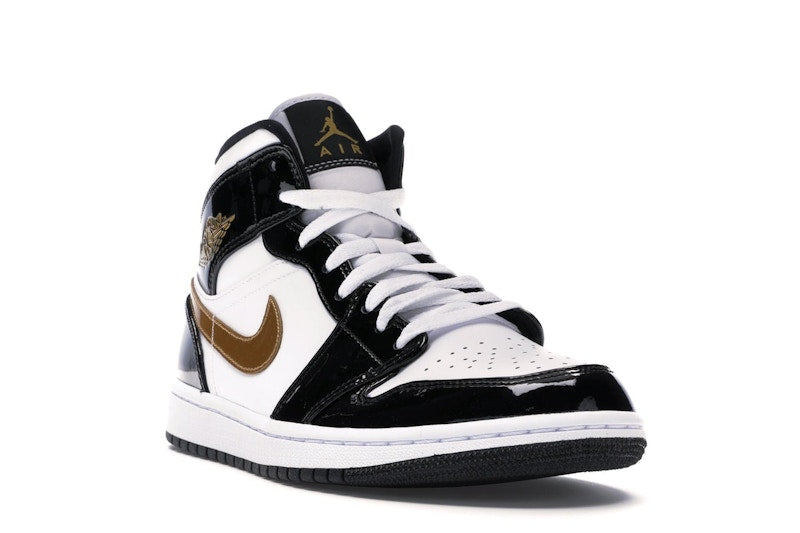 Jordan 1 Mid Patent Black White Gold