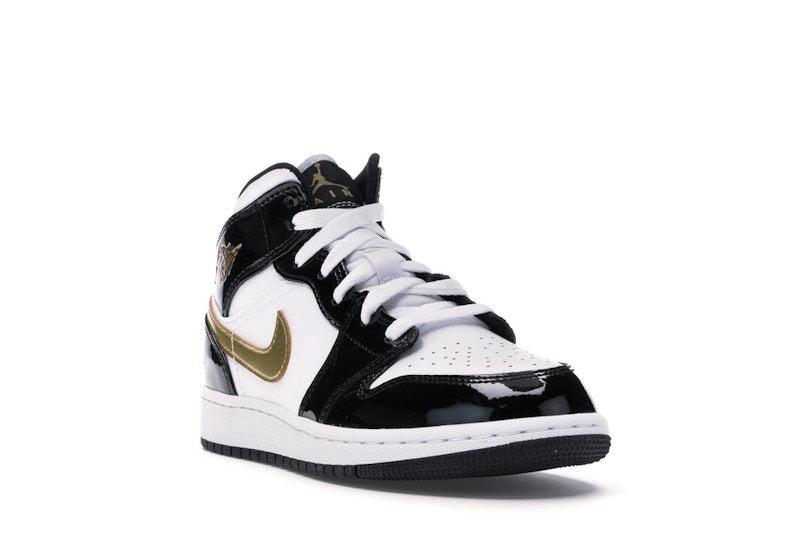 Jordan 1 Mid Patent Black White Gold (GS)