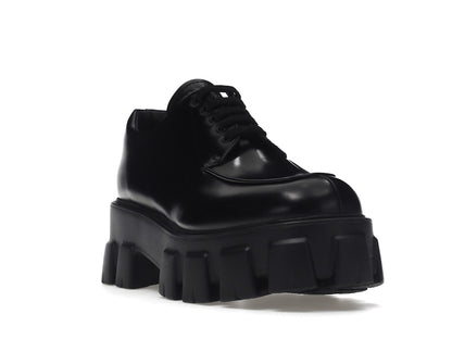 Prada Monolith 55mm Lace Up Loafer Black Brushed Leather