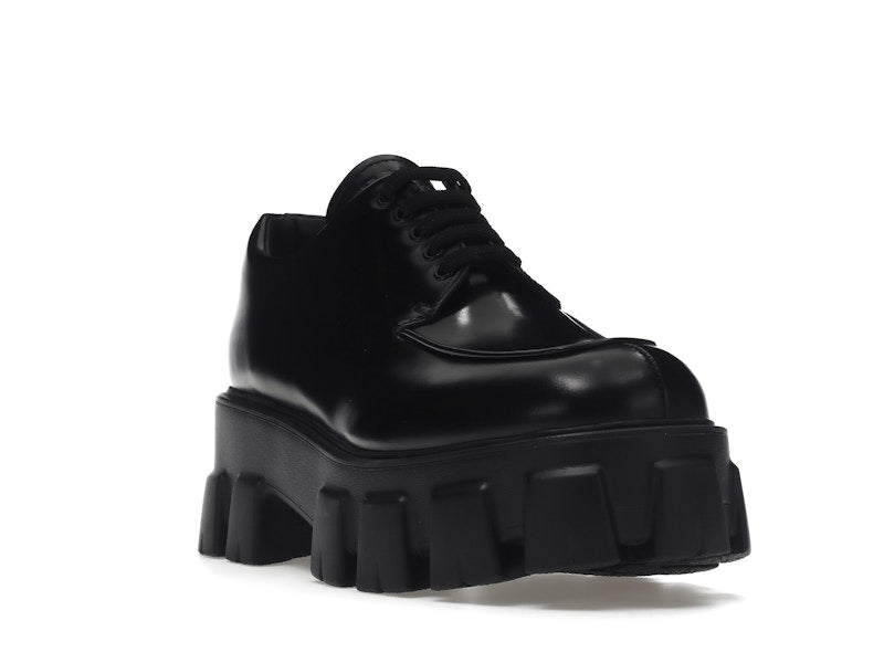 Prada Monolith 55mm Lace Up Loafer Black Brushed Leather