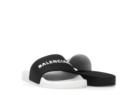 Balenciaga Pool Slides Logo White Black Alternate