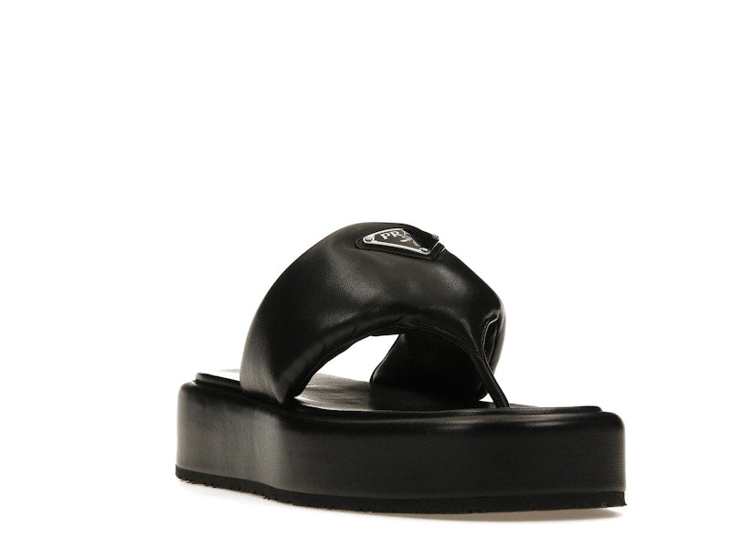 Prada Soft Padded 35mm Thong Wedge Sandals Black Nappa Leather