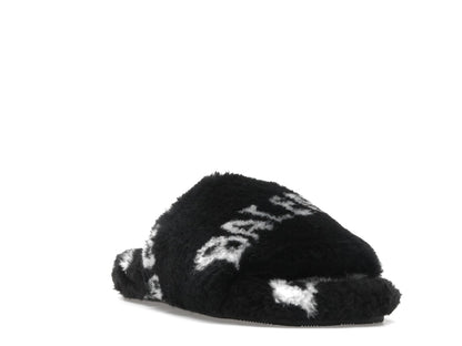 Balenciaga Furry Slide Fake Fur Logo Allover Black White
