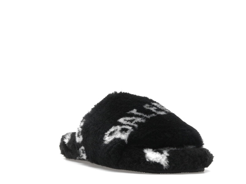 Balenciaga Furry Slide Fake Fur Logo Allover Black White