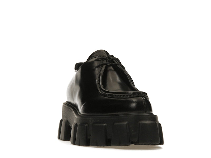 Prada Monolith 55mm Pointy Lace Up Loafer Black Brushed Leather