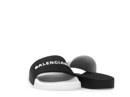 Balenciaga Pool Slides Logo White Black Alternate