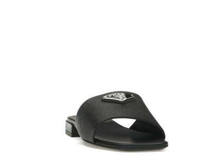 Prada Logo Slide Sandals Black Saffiano Leather