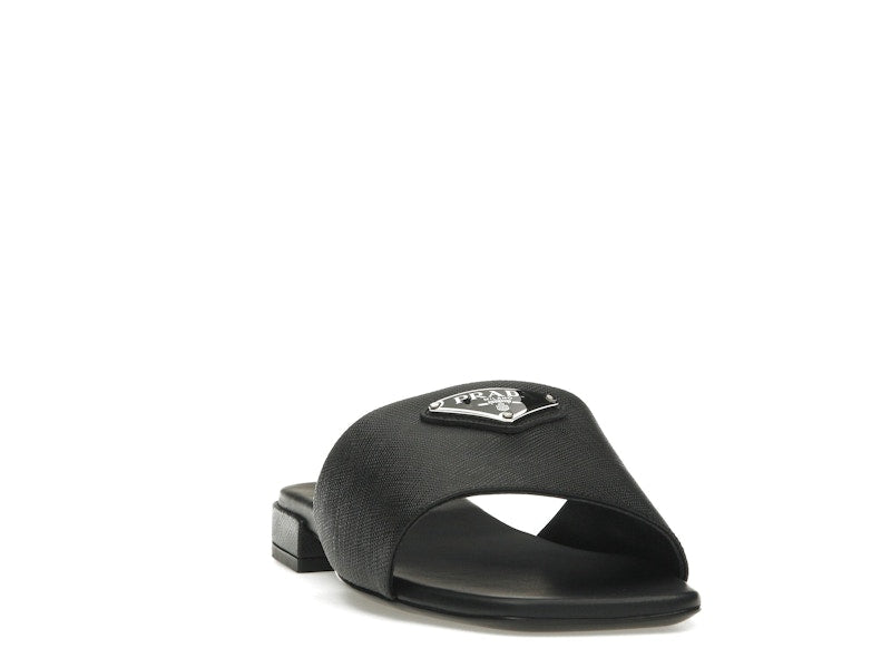 Prada Logo Slide Sandals Black Saffiano Leather