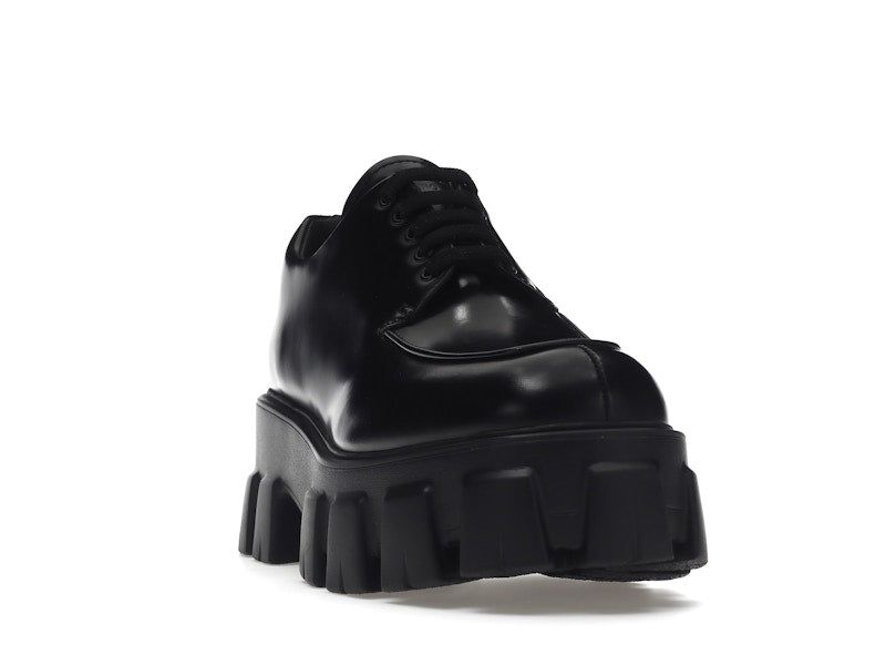 Prada Monolith 55mm Lace Up Loafer Black Brushed Leather