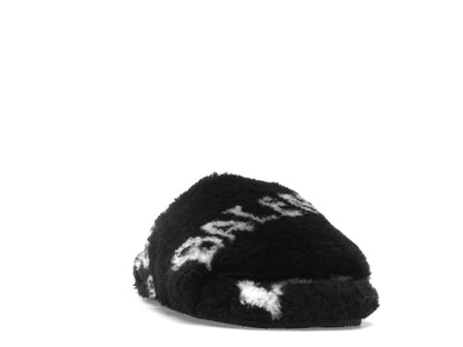Balenciaga Furry Slide Fake Fur Logo Allover Black White