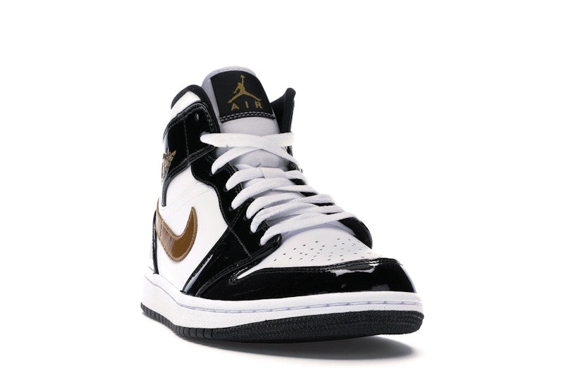 Jordan 1 Mid Patent Black White Gold