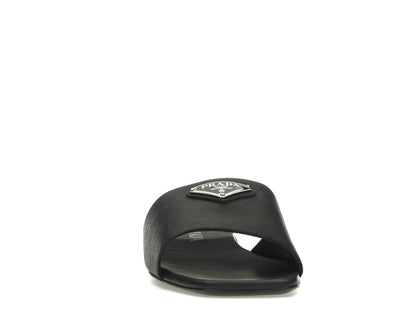 Prada Logo Slide Sandals Black Saffiano Leather