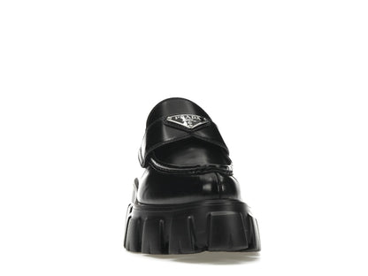 Prada Monolith 55mm Pointy Loafer Black Brushed Leather