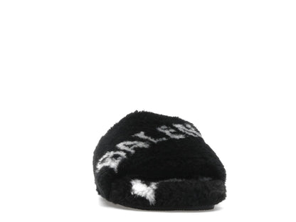 Balenciaga Furry Slide Fake Fur Logo Allover Black White