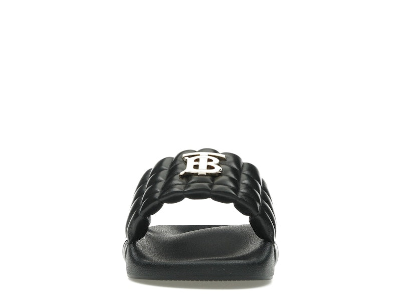 Burberry Monogram Motif Quilted Lambskin Slides Black Gold-tone