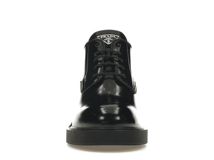 Prada Lace Up 85mm Heels Black Brushed Leather