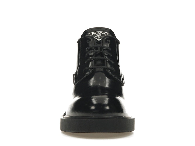 Prada Lace Up 85mm Heels Black Brushed Leather