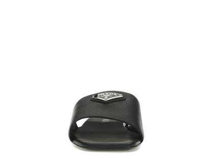 Prada Logo Slide Sandals Black Saffiano Leather