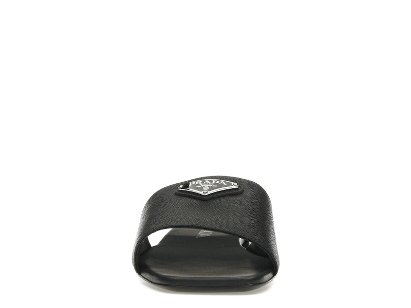 Prada Logo Slide Sandals Black Saffiano Leather