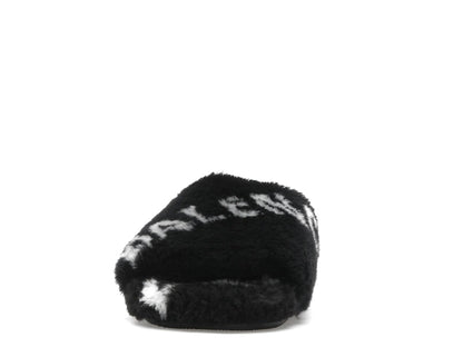 Balenciaga Furry Slide Fake Fur Logo Allover Black White