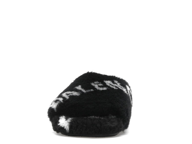 Balenciaga Furry Slide Fake Fur Logo Allover Black White