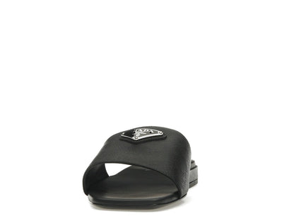 Prada Logo Slide Sandals Black Saffiano Leather