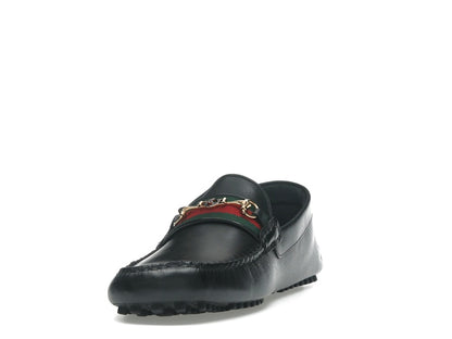 Gucci Ayrton Webbing-Trimmed Horsebit Leather Driver Loafers Black