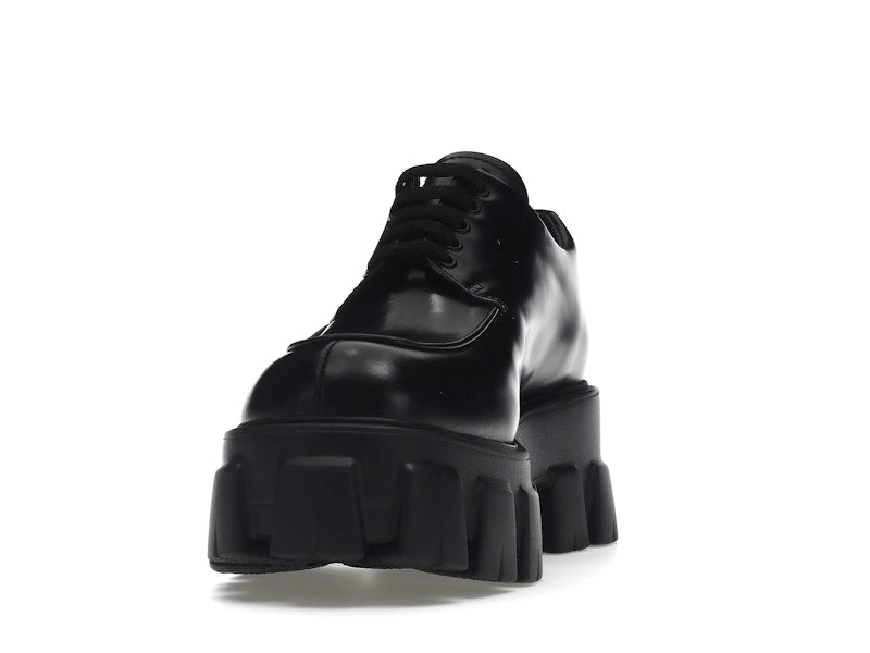 Prada Monolith 55mm Lace Up Loafer Black Brushed Leather