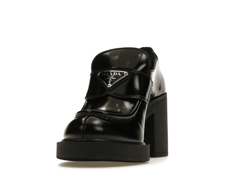 Prada Chocolate High-Heeled 85mm Loafers Black Brushed Leather