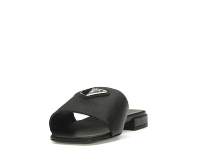 Prada Logo Slide Sandals Black Saffiano Leather