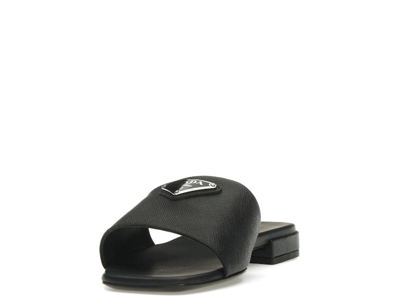 Prada Logo Slide Sandals Black Saffiano Leather