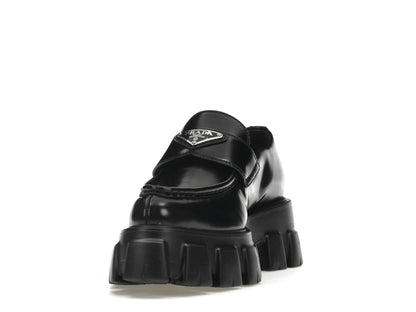 Prada Monolith 55mm Pointy Loafer Black Brushed Leather