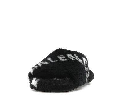 Balenciaga Furry Slide Fake Fur Logo Allover Black White